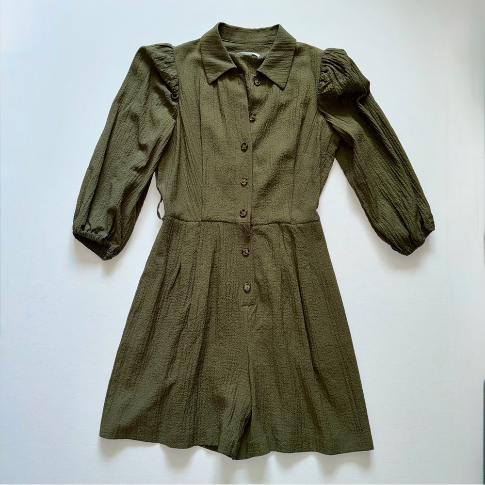 Calvin Klein Olive Green Crinkle Puff Sleeve Romper Sz 4 Playsuit Utility Safari